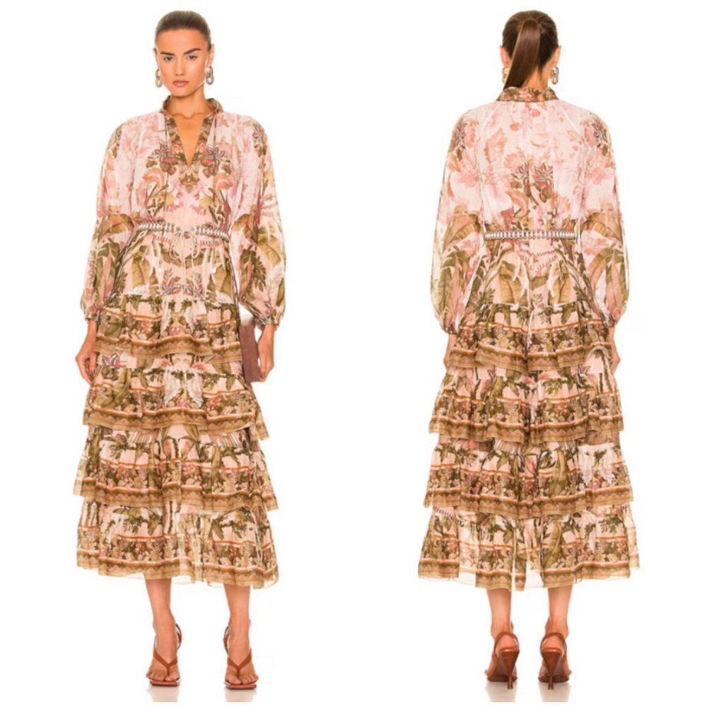 💕ZIMMERMANN💕 Lyre Ruffle Tiered Billow Sleeve Midi Dress ~ Spliced US 6 NWT